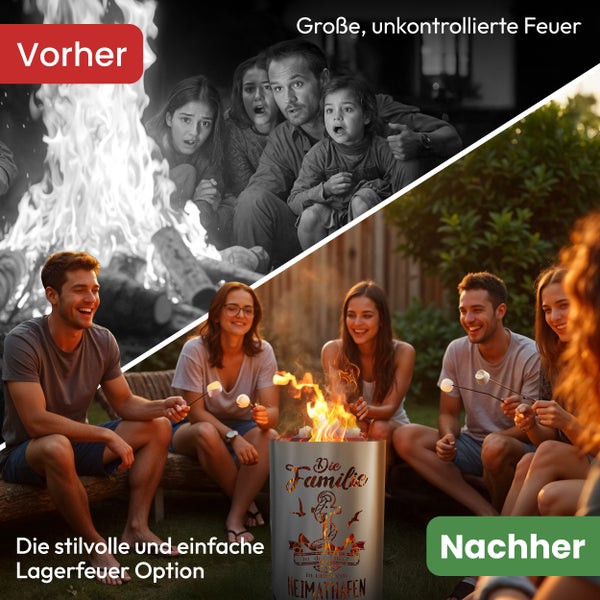 Vergleich von unkontrolliertem Feuer zu einer Feuerstelle mit Familie und Freunden beim Marshmallow rösten.