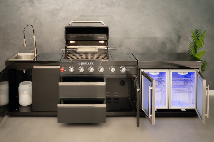 GORILLER® BLACKBACK M6 Outdoor-Küche, Gasgrill mit Doppel-Kühlschrank und Waschbecken, Edelstahl, Schwarz