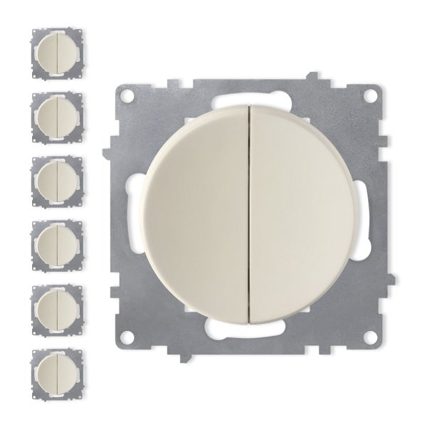 Set aus sechs Lichtschaltern mit rundem Wippeneinsatz auf Metallträgerplatte für die Unterputzmontage.