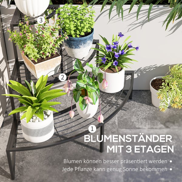 Outsunny 3-Etagen Pflanzenständer, Blumenständer für Innen Außen, Pflanzenregal aus Metall, mehrstöckig Blumenregal, 60 cm hoch Blumentreppe für Wohnzimmer, Garten Balkon Deko, Schwarz
