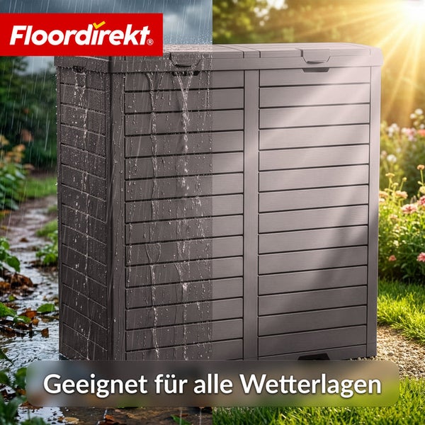 Gartengeräteschrank aus Kunststoff mit Regeneffekt und Floor direkt Logo