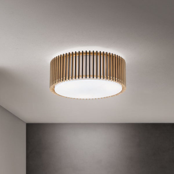 Runde Deckenleuchte mit Holz- und Metallelementen