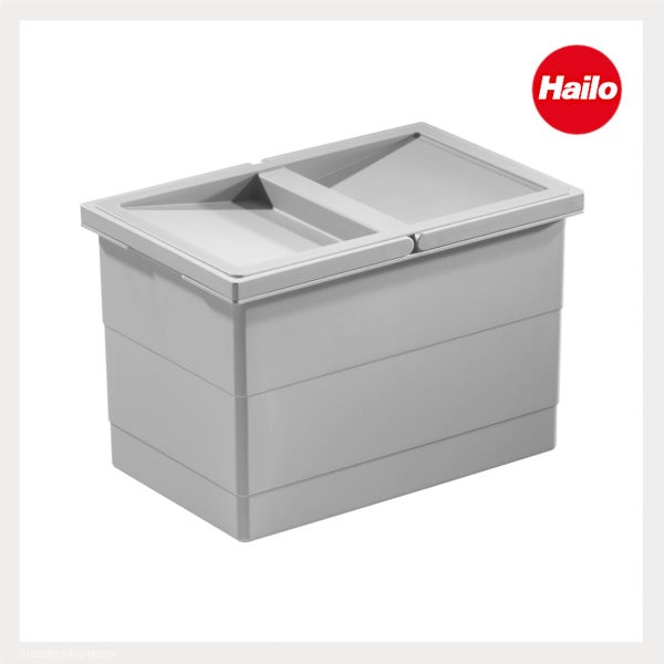 Hailo Mülleimer aus Kunststoff mit Deckel, rechteckig, grau. Hailo Logo.