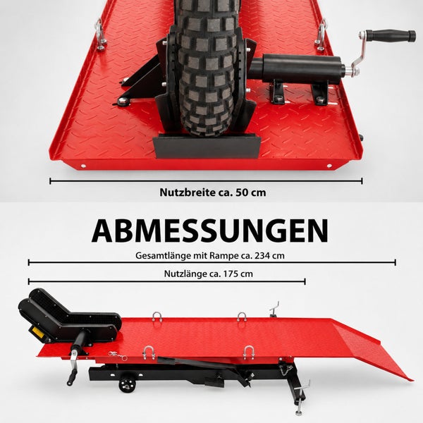 Motorradhebebühne mit Abmessungen: Nutzbreite circa 50 Zentimeter, Gesamtlänge mit Rampe circa 234 Zentimeter, Nutzlänge circa 175 Zentimeter.