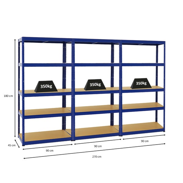 PROREGAL Mega Deal 3x Schwerlastregal Slim Elephant S HxBxT 180 x 90 x 45 cm 5 Ebenen Fachlast 350 kg Blau