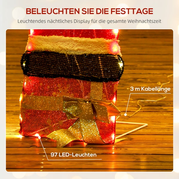 Beleuchtetes Weihnachtsgeschenk mit 97 LED-Leuchten und 3 Meter Kabellänge auf einem Holzboden.