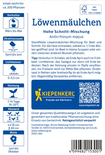Saatgut für Löwenmäulchen hohe Schnittmischung Antirrhinum majus von Kiepenkerl mit Pflanzanleitung und QR Code