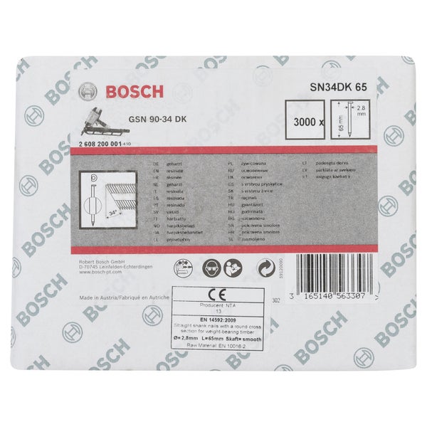 Bosch Verpackung für 3000 geharzte Streifennägel für GSN 90-34 DK, Länge 65 Millimeter, Durchmesser 2,8 Millimeter, 34 Grad Winkel.