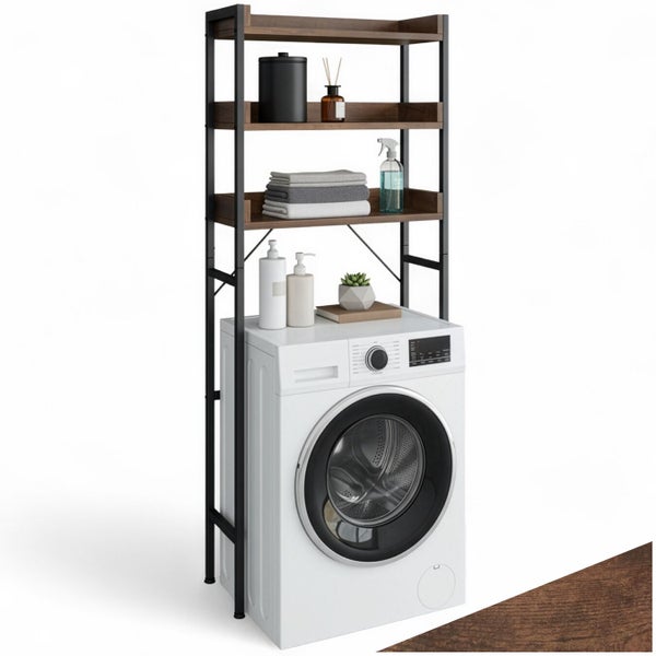 Waschmaschinenregal mit Metallrahmen und Regalböden aus Holz zur Aufbewahrung von Badezimmerutensilien über der Waschmaschine.