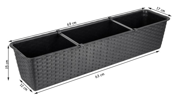 BigDean Blumenkasten mit Untersetzer 70 cm lang Rattan-Optik anthrazit - aus PP-Kunststoff - Balkon Pflanzkasten schmal Balkonkasten