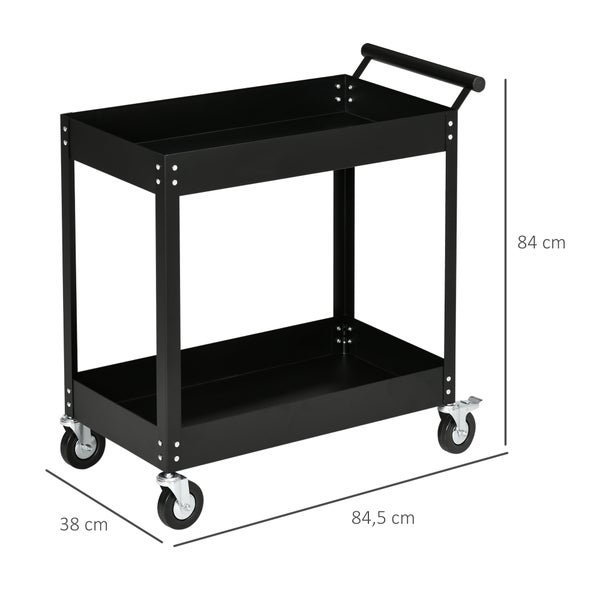 DURHAND Werkstattwagen mit 2 Etagen, Werkzeugwagen leer, Transportwagen, seitlicher Griff, 4 Rollen, Stahl, bis 150 kg Tragkraft, 84,5 x 38 x 84 cm, Schwarz