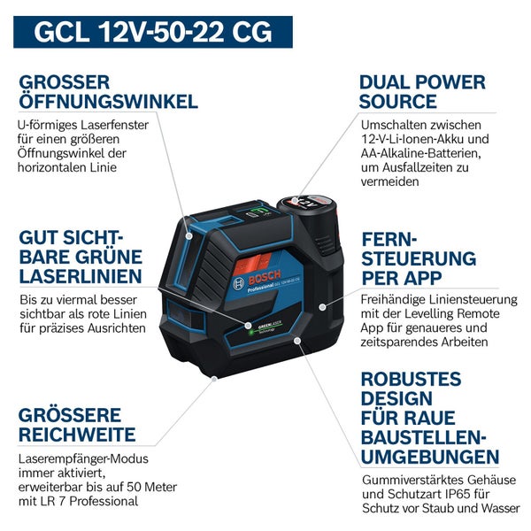 Bosch GCL 12V-50-22 CG Kombilaser mit großem Öffnungswinkel, Dual Power Source, gut sichtbaren grünen Laserlinien, App-Fernsteuerung und robustem Design