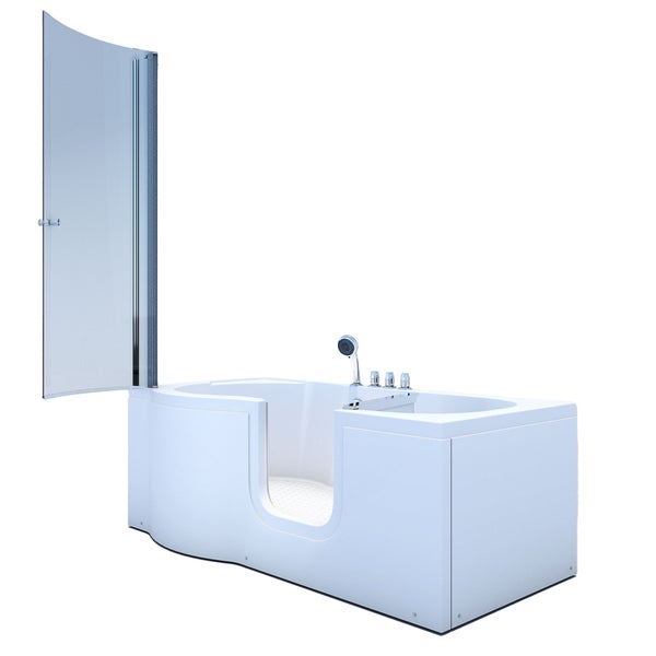 Seniorenbadewanne mit Einstiegstür, gläserner Duschwand und Wannenarmatur mit Handbrause.