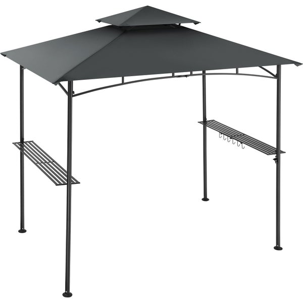 Grillpavillon aus Metall mit Doppeldach, zwei seitlichen Ablagen und Haken.
