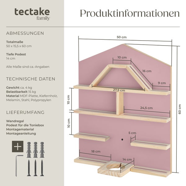 Wandregal tectake Mylittle Story 50 x 15,5 x 60 cm, unsichtbare Aufhängung für bis zu 50 Tonies pink