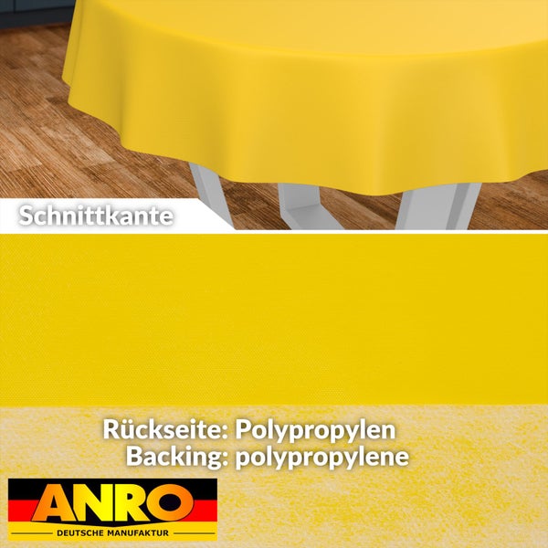 Gelbe Tischdecke mit Schnittkante und Rückseite aus Polypropylen, ANRO Deutsche Manufaktur Logo.