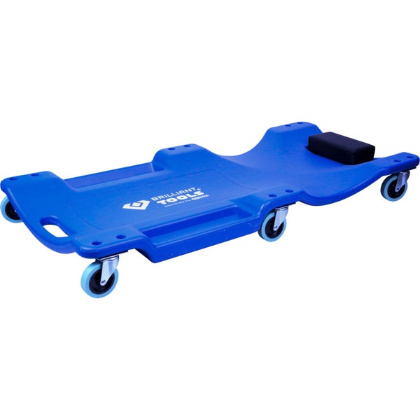 Blaues, ergonomisches Rollbrett für Mechaniker aus Kunststoff mit sechs Lenkrollen und gepolsterter Kopfstütze. Brilliant Tools Logo.