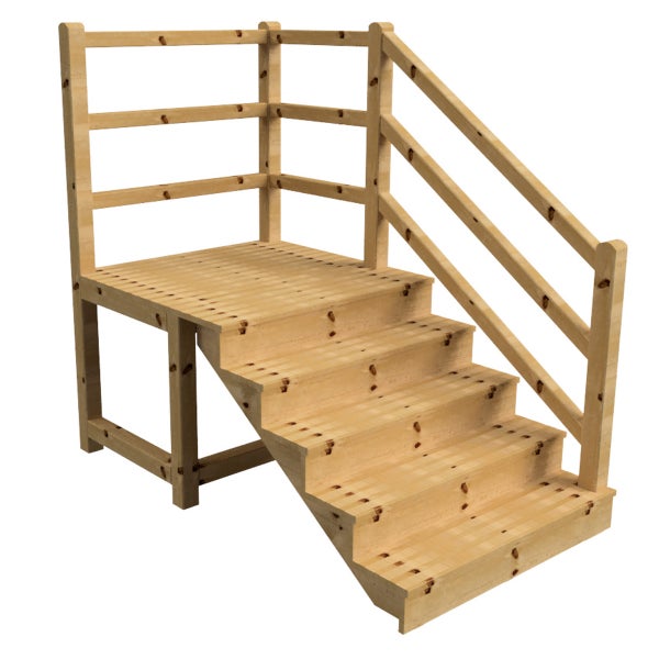 Holztreppe mit Geländer zur Höhendifferenzüberwindung im Außenbereich