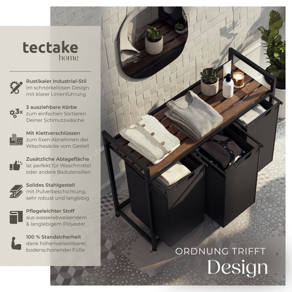 Wäschesortierer tectake  höhenverstellbare Kunststofffüße Industrial-Style, 2 oder 3 ausziehbare Fächer schwarz/braun