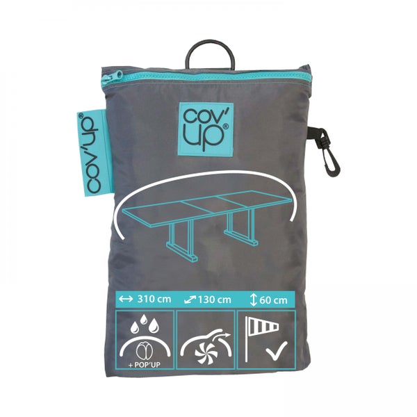 Cov'up Aufbewahrungstasche für Gartentisch-Hülle mit Cov'up Logo, Maßen 310 mal 130 mal 60 Zentimeter sowie Belüftungs- und Wetterschutz-Symbolen.