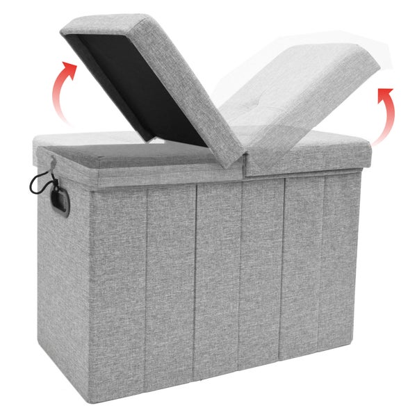 Graue Sitztruhe aus Stoff mit geteiltem Klappdeckel und integriertem Stauraum.