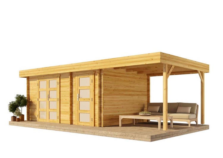 Alpholz Gartenhaus Modern-E mit Schleppdach Gartenhaus aus Holz, Holzhaus mit 28 mm Wandstärke inklusive Schleppdach, Blockbohlenhaus mit Montagematerial, Naturbelassen 4,7x3,2m