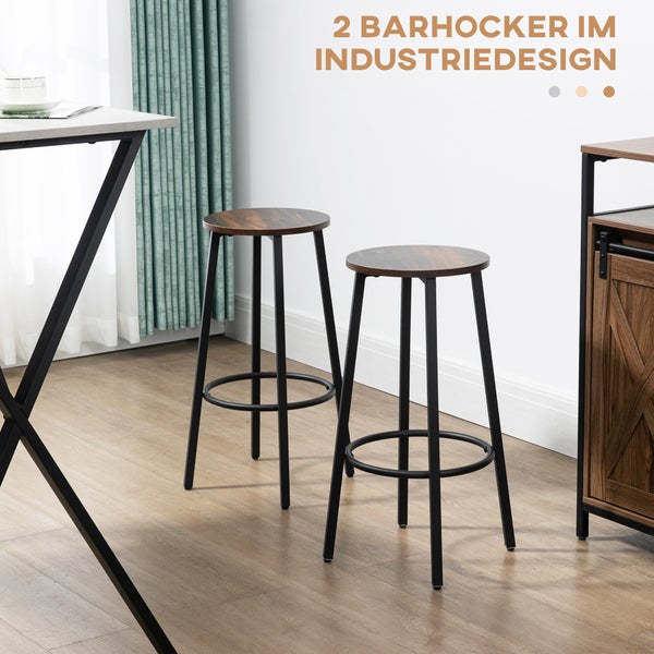 HOMCOM Barhocker, 2er-Set Barstühle mit Fußstütze, Tresenhocker mit Stahlgestell, Tresenstuhl im Industriedesign, Küchenstuhl für Esszimmer, Wohnzimmer, Rustikales Braun