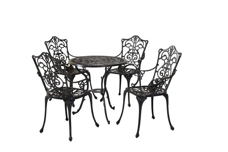 Gartengarnitur mit vier Stühlen und einem runden Tisch aus Metall