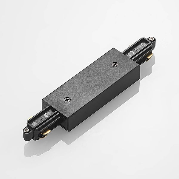 Schwarzer Längsverbinder für Drei-Phasen-Stromschienensystem, Gehäuse aus Kunststoff mit Metallkontakten.