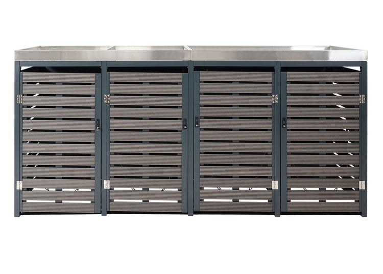 Mülltonnenbox mit vier Fächern und Lamellentüren