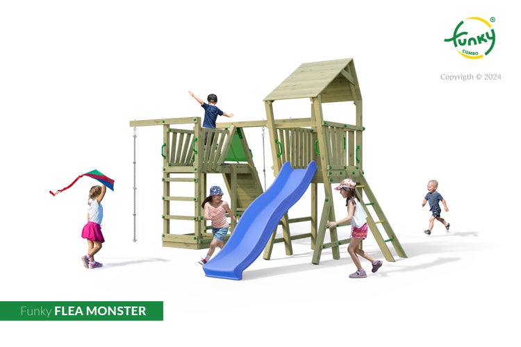 Holz-Klettergerüst Funky FLEA MONSTER mit blauer Rutsche, Kletterleitern und Spielturm, auf dem Kinder spielen. Funky Combo Logo.