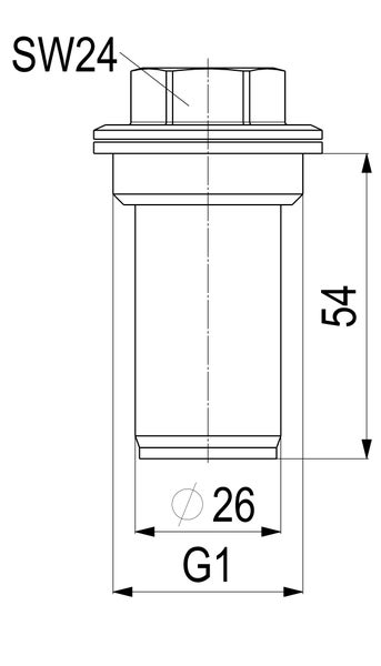 Technische Zeichnung mit Maßen: Schlüsselweite 24, Länge 54 Millimeter, Durchmesser 26 Millimeter und G1 Gewinde.