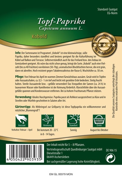 Rückseite der Samentüte für Topf-Paprika Kobold mit Anbauhinweisen, Erntezeit von August bis Oktober, sonnigem Standort und Umtauschgarantie.