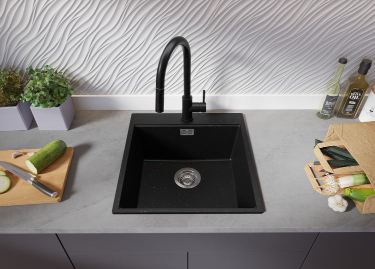 PRIMAGRAN Granitspüle Schwarz Metallic 48x50cm, Spülbecken 1 Becken + Küchenarmatur 40x20cm + Ablauf-Set + Aufrollbare Abtropffläche, Küchenspüle ab 50er Unterschrank - Oslo