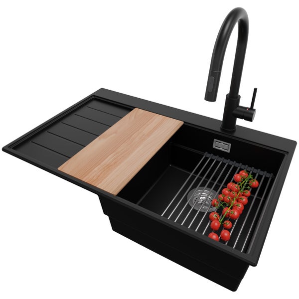 PRIMAGRAN Granitspüle Schwarz 78x50cm, Spülbecken 1 Becken + Küchenarmatur 40x20cm + Ablauf-Set + Küchenzubehörset, Küchenspüle ab 45er Unterschrank - Sydney