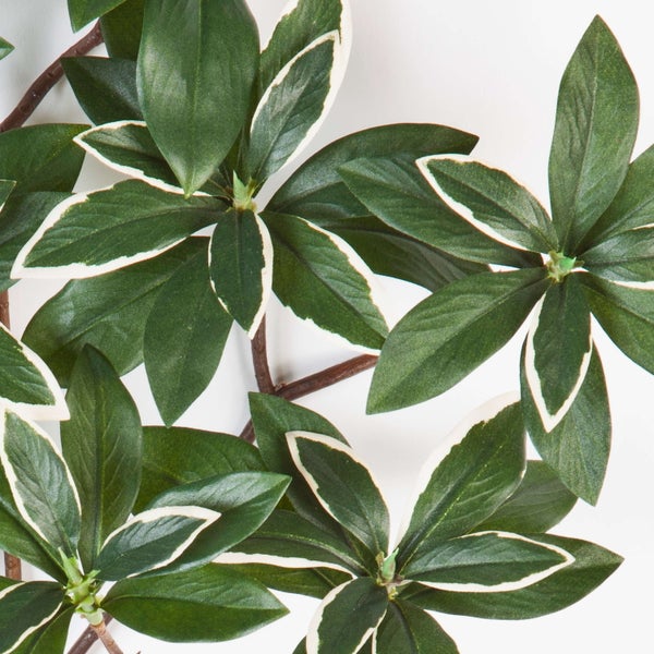 Künstlicher Zweig mit grünen Blättern und weißem Rand.