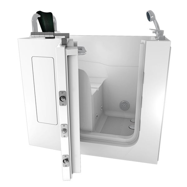 Begehbare Badewanne mit offener Tür und Handbrause