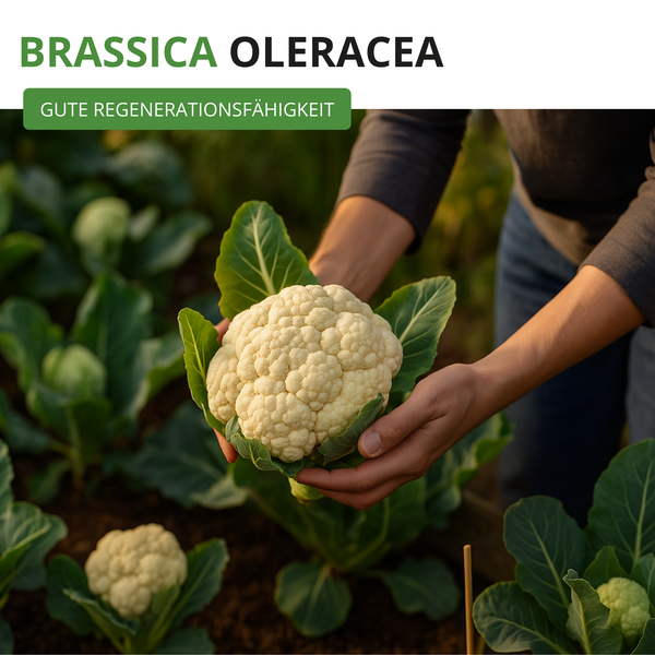 Hände halten frisch geernteten Blumenkohl Brassica oleracea im Garten. Der Text weist auf eine gute Regenerationsfähigkeit hin.