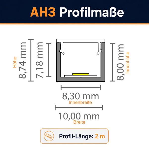 Technische Zeichnung mit Maßangaben für das LED Aluminium Profil AH3 mit zwei Meter Länge.