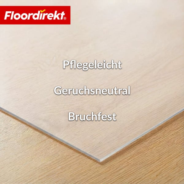 Floordirekt Logo. Pflegeleicht, geruchsneutral und bruchfestes Paneel.