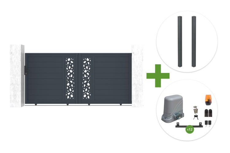 Anthrazitfarbenes Schiebetor mit dekorativer Perforation, zwei Pfosten und elektrischem Antriebsset inklusive Motor und Zubehör.