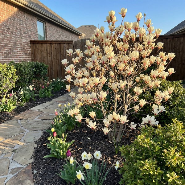 Blühende Magnolie in einem Garten mit einem Weg aus Naturstein, Tulpen und Narzissen auf Rindenmulch.