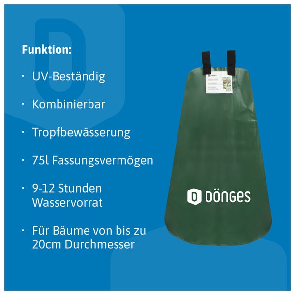 Dönges Baumbewässerungssack, 75 Liter, Tropfbewässerung, 9 bis 12 Stunden Wasservorrat, UV-beständig, für Bäume bis 20 Zentimeter Durchmesser.