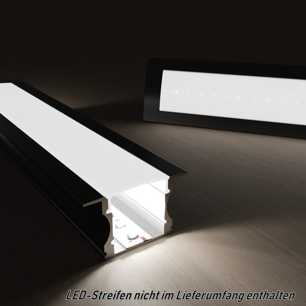TIVENDIS Led Alu Profil 2 m EH Komplett Set für Strip / Streifen bis 12 mm breit | Abdeckung satiniert milchig, Endkappen |  Einbau Fußleisten Flachprofil eloxiert