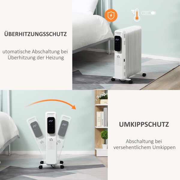 HOMCOM Ölradiator tragbar elektrisch Heizkörper 2500W 3 Heizstufen 24-Stunden-Timing elektrische Heizung 11 Heizplatten mit 4 Rollen Weiß Stahl 50,5 x 24 x 63 cm