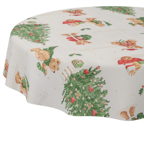 Rundes Tischtuch mit weihnachtlichem Muster aus Teddybären, Tannenbäumen und Geschenken.