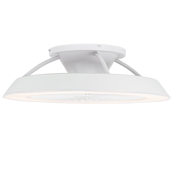 Moderner Deckenventilator mit integrierter LED-Beleuchtung, Weiß, rundes Design.