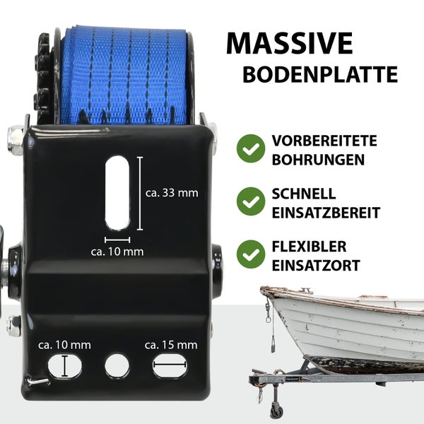 Blaue Gurtbandwinde mit massiver Bodenplatte und vorbereiteten Bohrungen für flexiblen Einsatzort.