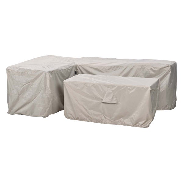 Schutzhüllen-Set für Garten-Lounge-Möbel, bestehend aus einer Abdeckung für ein Ecksofa und einer Abdeckung für einen Tisch.
