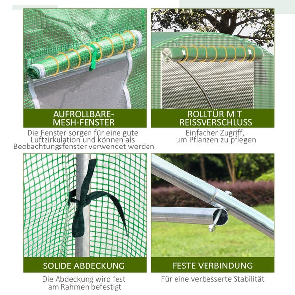 Detailansicht eines Gewächshauses mit aufrollbarem Mesh-Fenster, Rolltür mit Reißverschluss, solider Abdeckung und fester Verbindung.